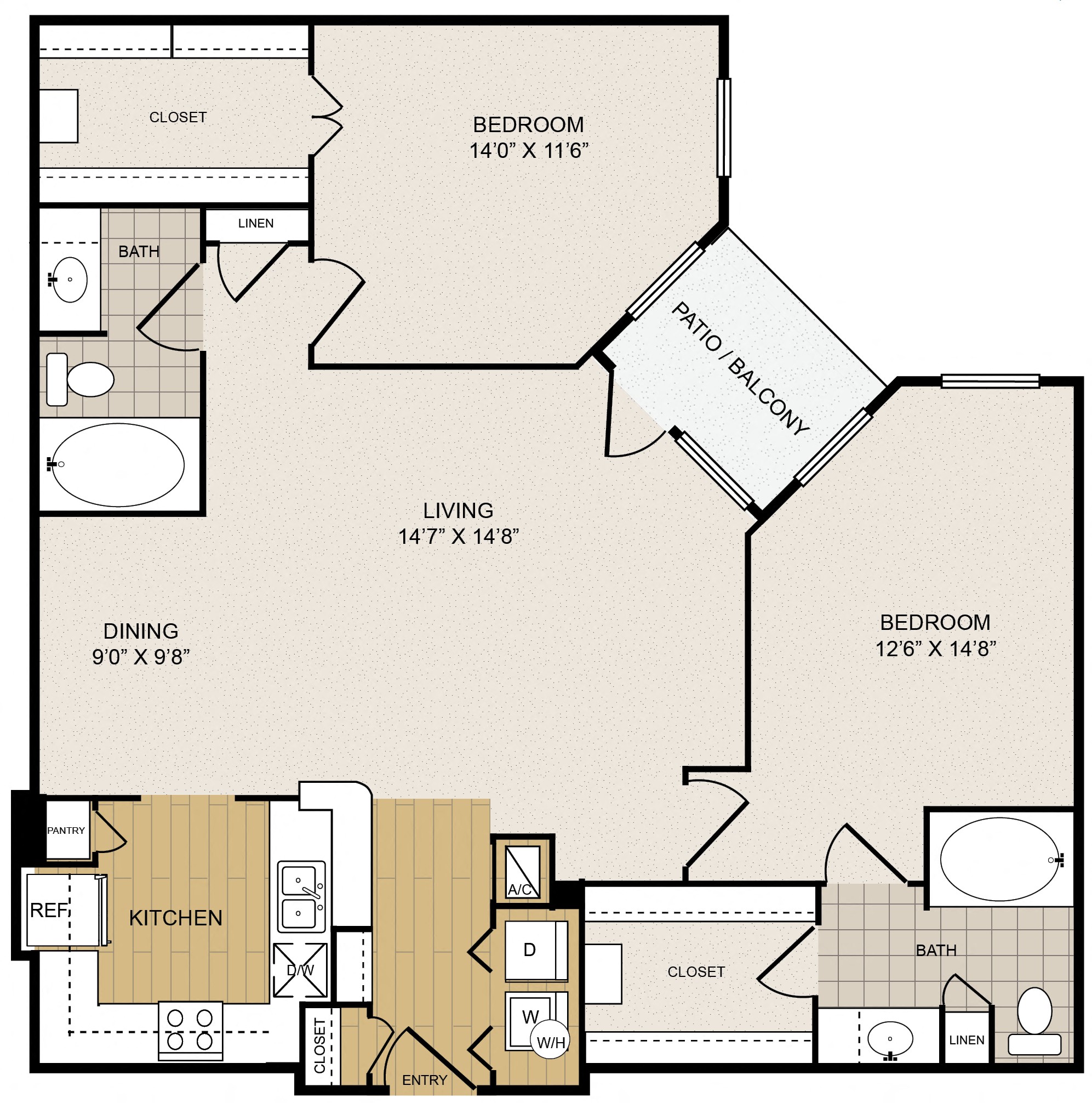 Floor plan for 2 beds, 2 baths, 1201 sqft